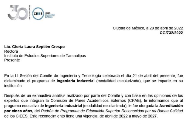 Carta comunicando a la rectora sobre la acreditación de Ingeniería Industrial.