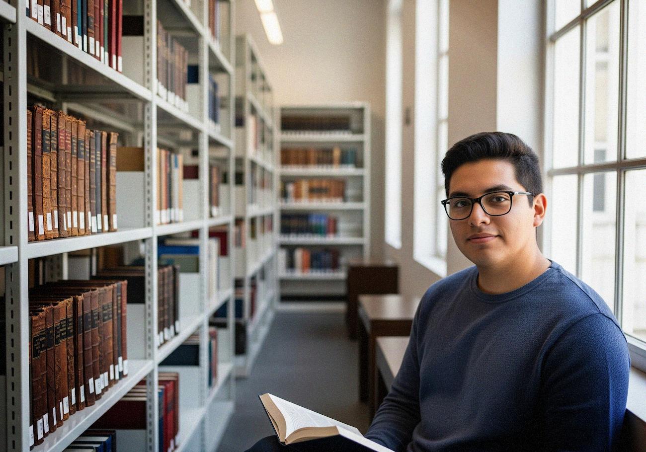 Estudiante de administración pública y finanzas de pie con actitud segura en un entorno académico moderno, representando liderazgo, profesionalismo y colaboración.
