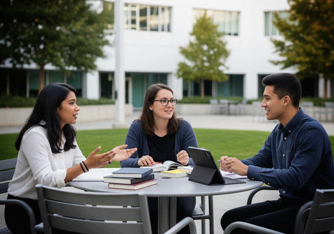 Estudiante de administración pública y finanzas en un aula tipo tribunal, acompañado de dos compañeros con laptops, reflejando formación profesional, liderazgo y toma de decisiones en contextos institucionales.