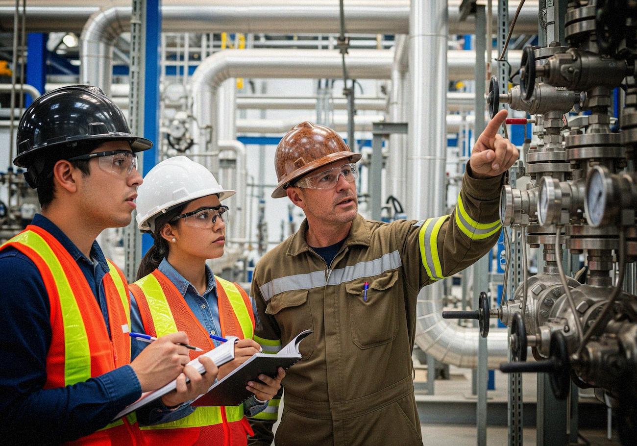 Tres estudiantes con casco naranja realizan pruebas con equipo electrónico conectado a grandes tubos metálicos, dentro de un laboratorio industrial.