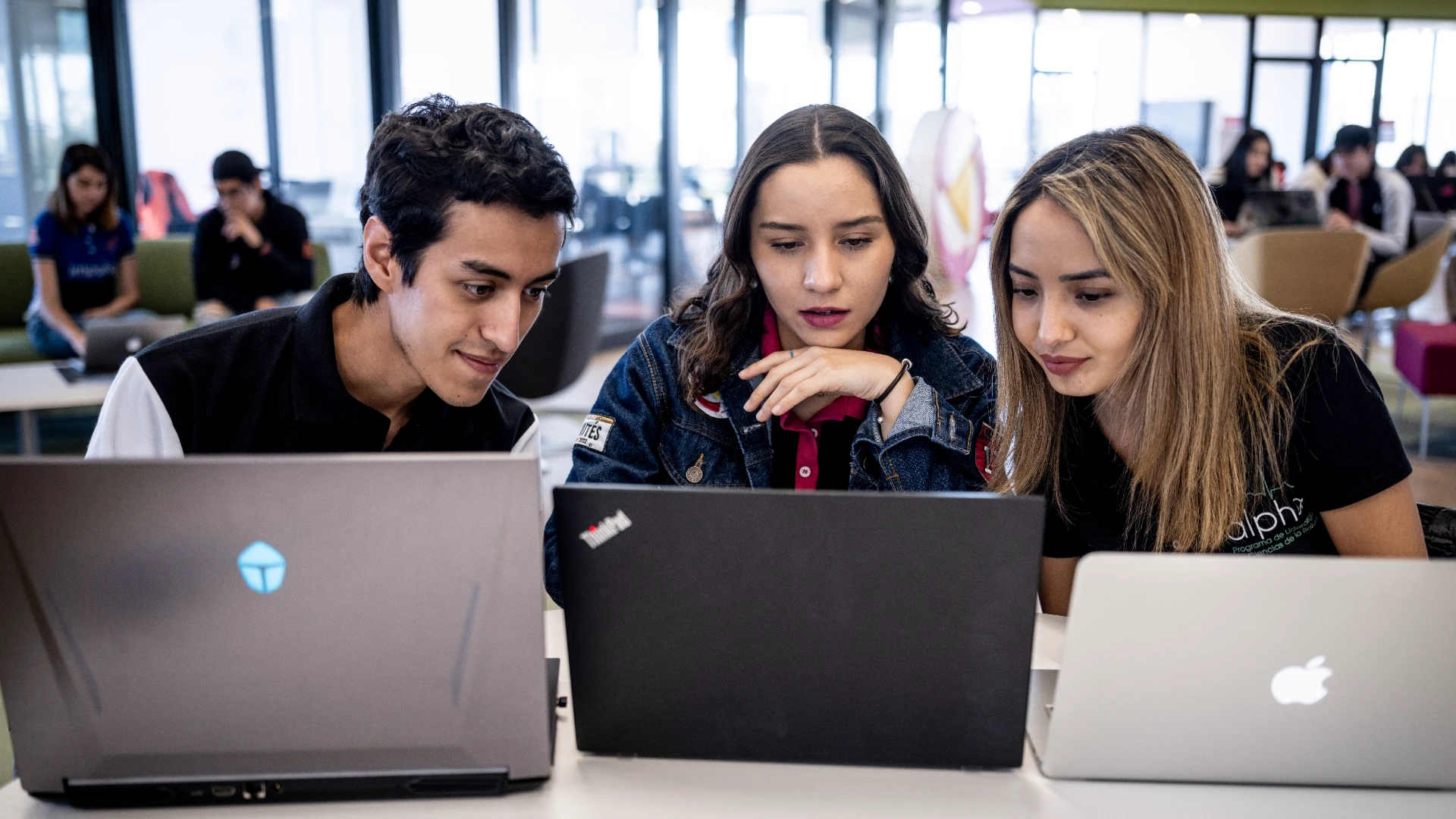 Estudiantes evaluando en su computador como elegir universidad