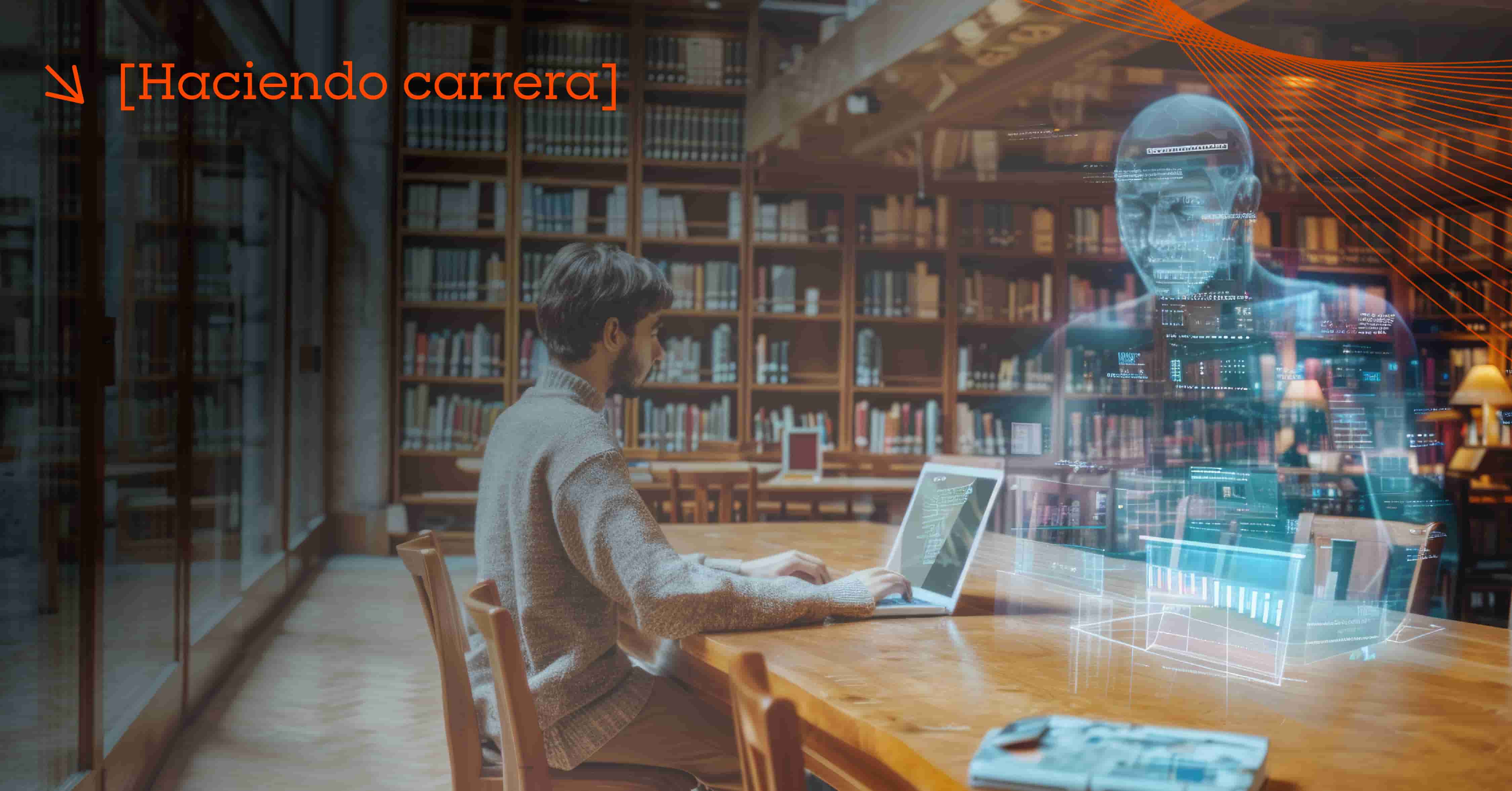 alumno en biblioteca viendo holograma de IA 