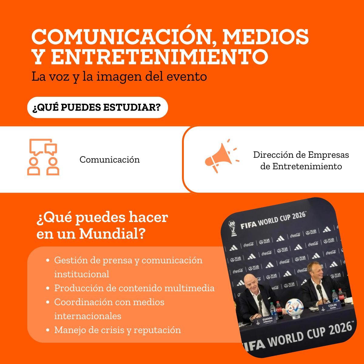 Gráfico ¿Qué pueden hacer carreras de comunicación, medios y entretenimiento en un mundial? Gestión de prensa, producción de contenido, coordinación de medios, manejo de crisis