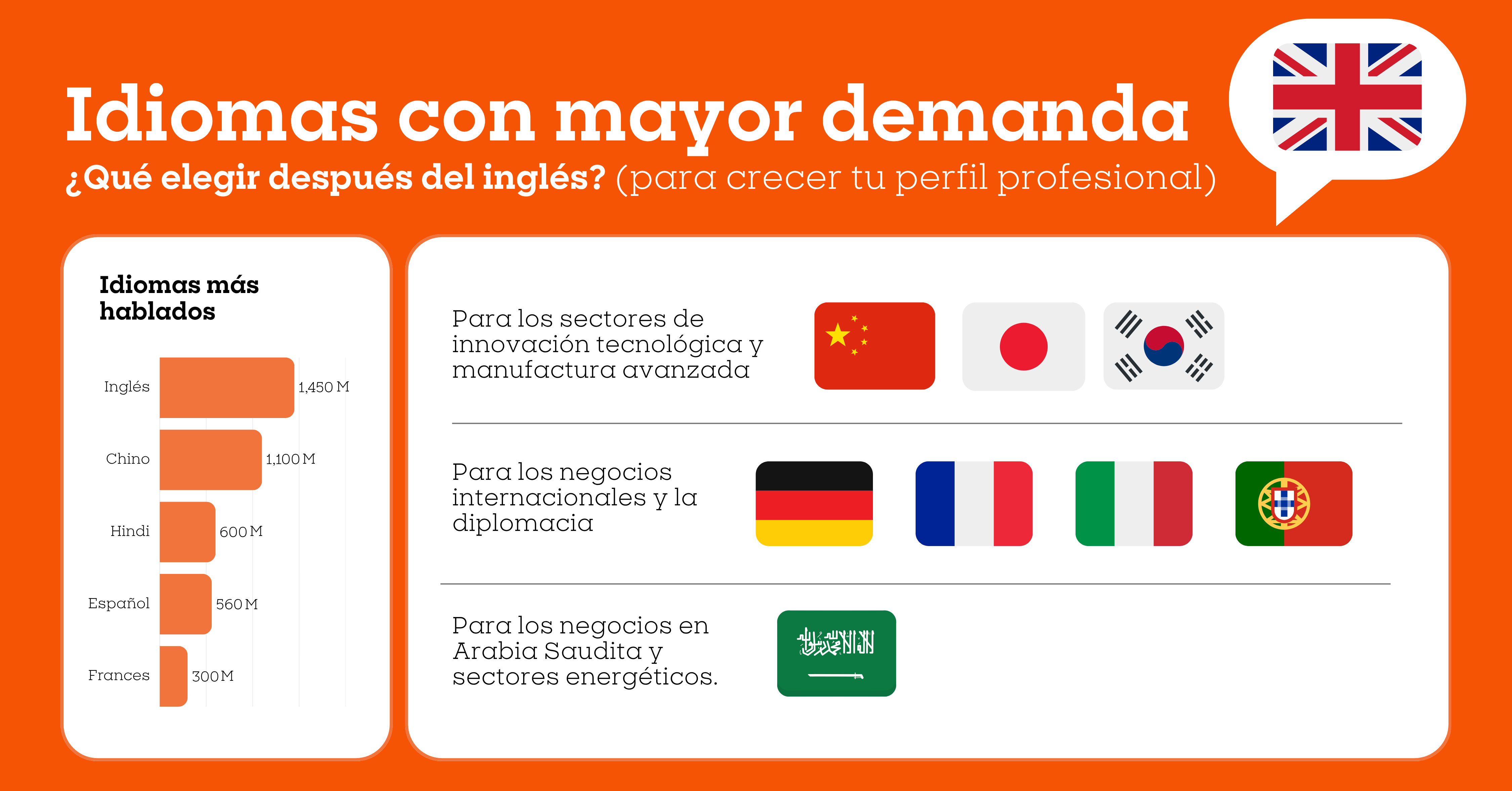 Infografía idiomas con mayor demanda después del inglés. Chino, hindi, español y frances más hablados- Estudia chino, coreano o japonés para los negocios en manufactura, lenguas europeas para la diplomacia o árabe para negocios en sectores energéticos