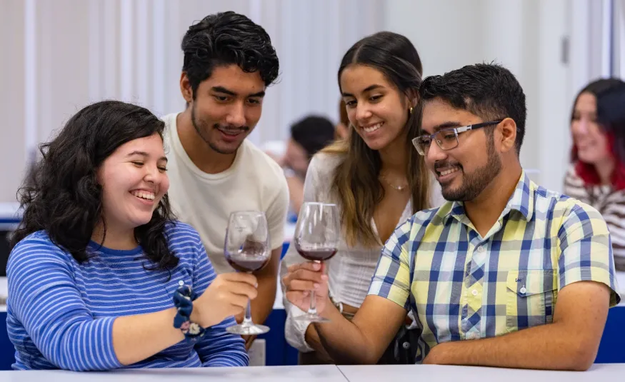Estudiantes internacionales brindando con vino