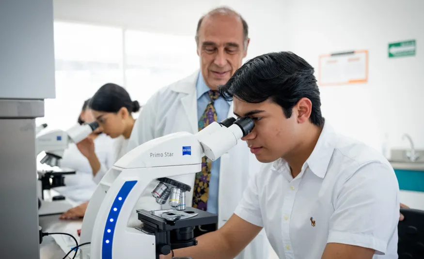 Estudiante de ingeniería quimica usando microscopio en clase anahuac