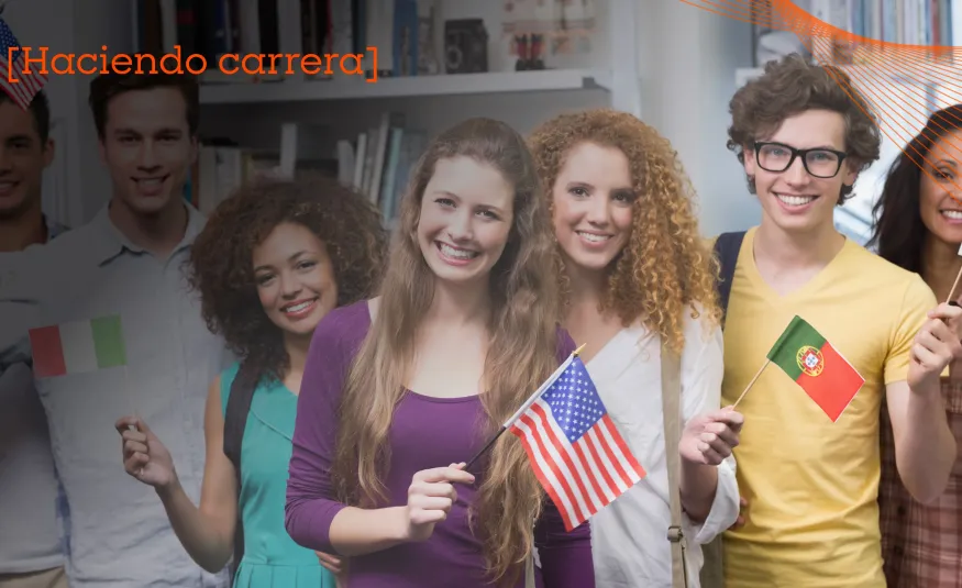 estudiantes internacionales con banderas de su país