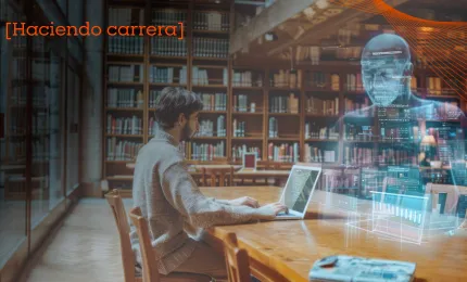 alumno en biblioteca utilizando la IA y observando un holograma