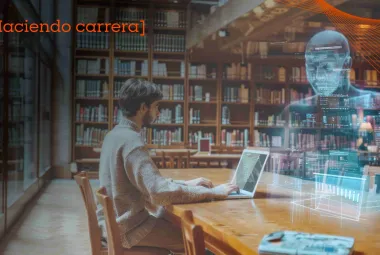 alumno en biblioteca viendo holograma de IA 