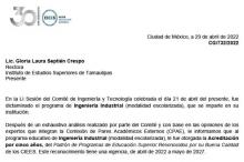 Carta comunicando a la rectora sobre la acreditación de Ingeniería Industrial.