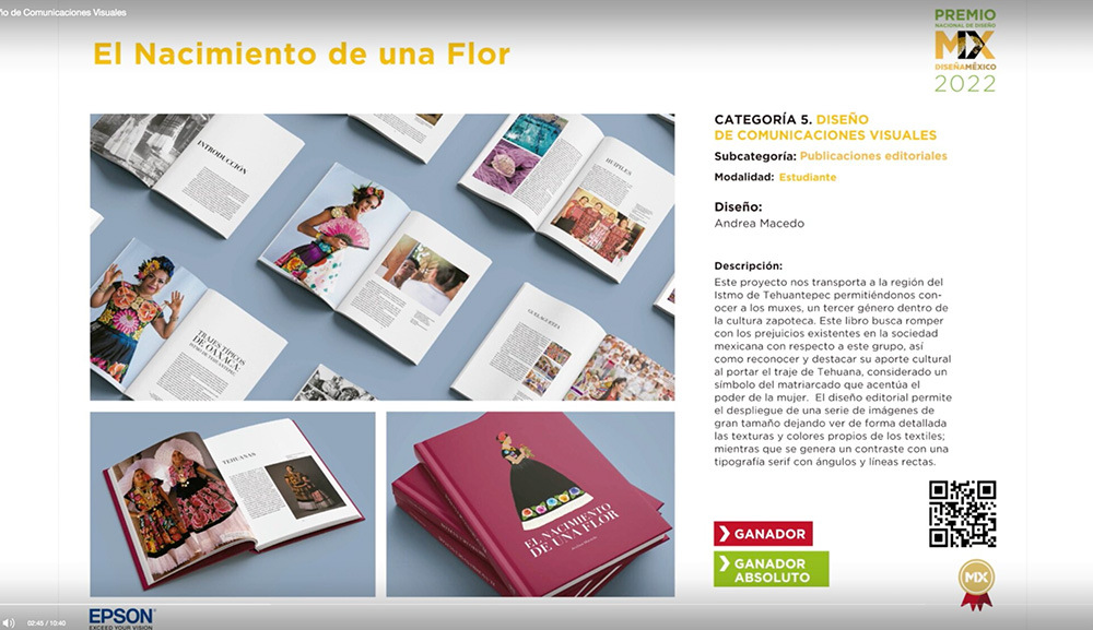 Andrea participó con el cartel El nacimiento de una flor, trabajo en el que el diseño editorial transporta al espectador a la región de Tehuantepec.
