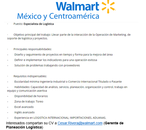 Walmart  Especialista para el área de Planeación Logística