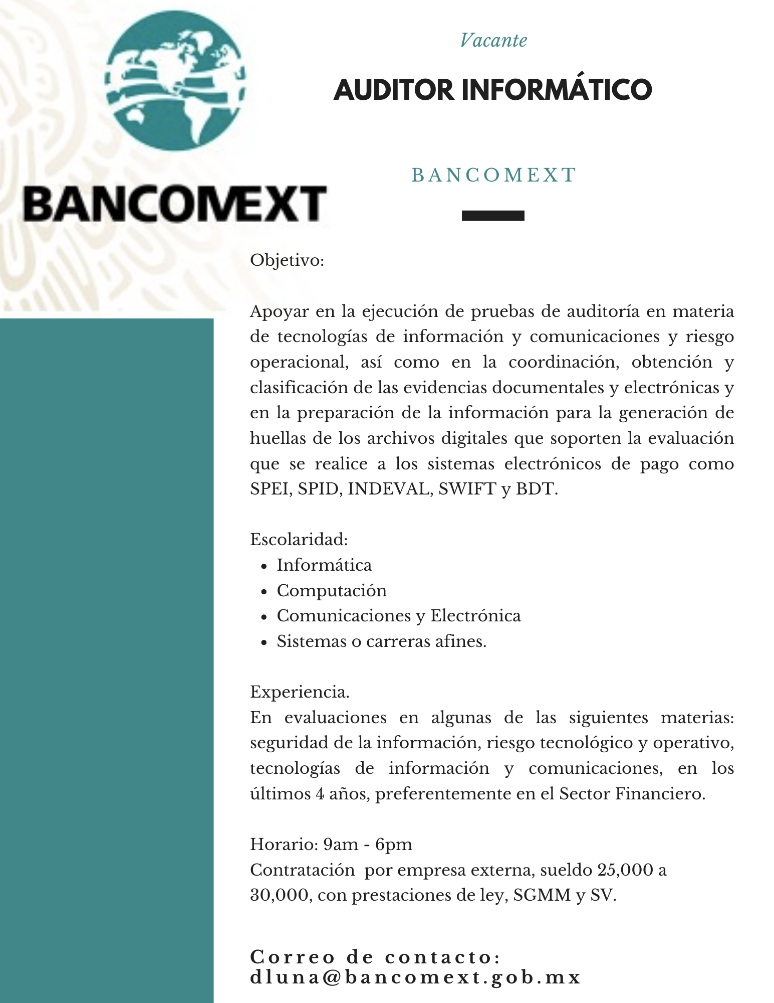 Auditor Informático en Bancomext