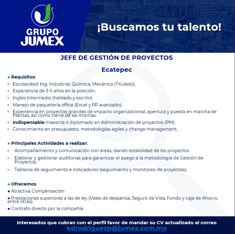Vacante Jefe de Gestión de Proyectos - Jumex