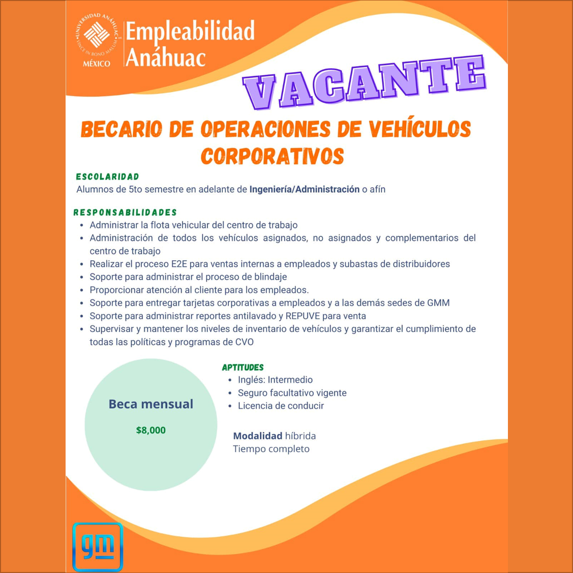VACANTE - Becario de operaciones de vehículos corporativos / GM