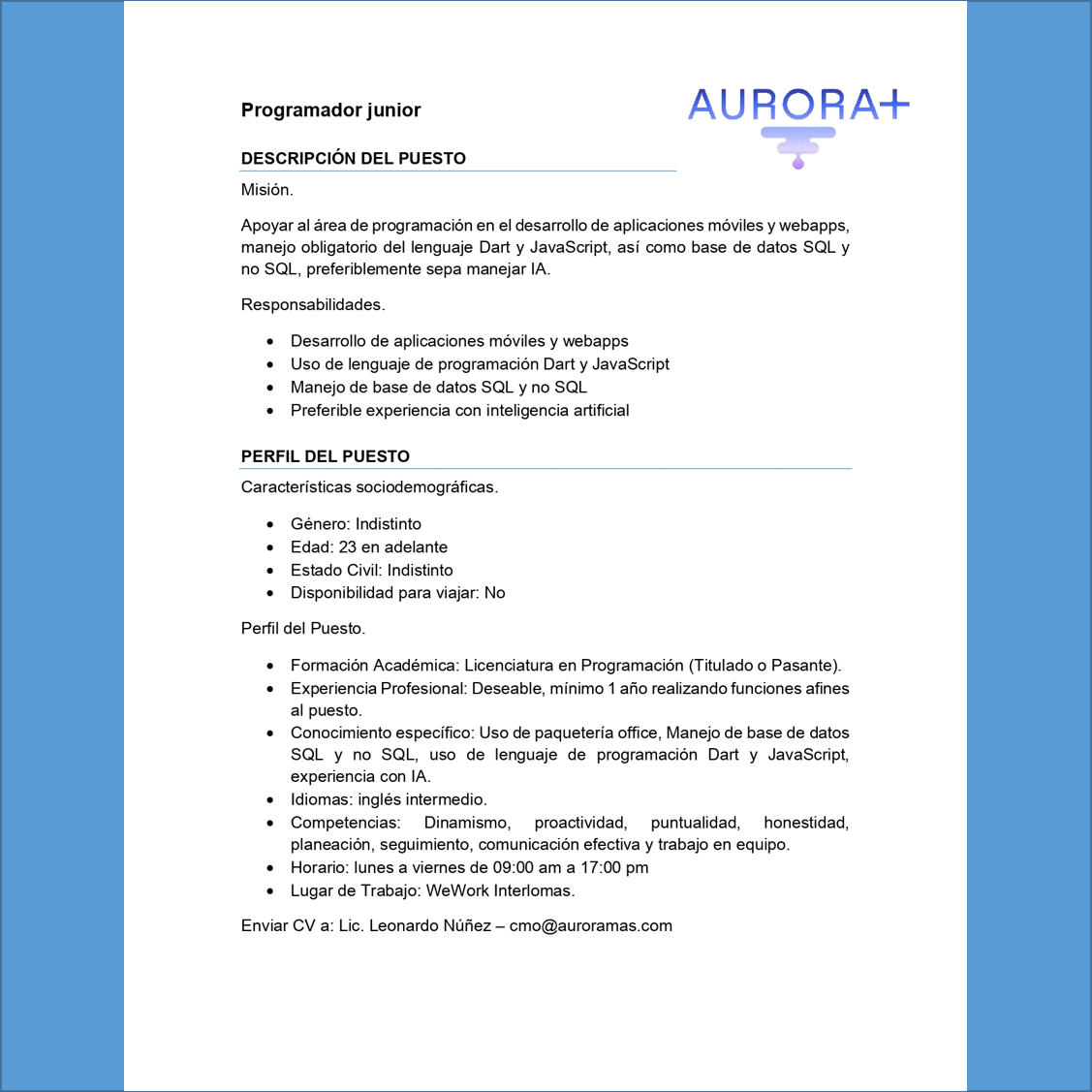 VACANTE - Programador Jr. / Aurora+