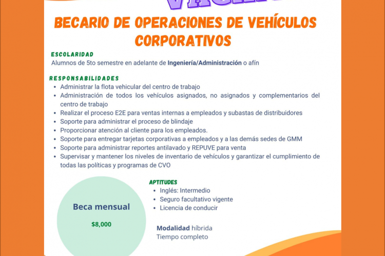 VACANTE - Becario de operaciones de vehículos corporativos / GM
