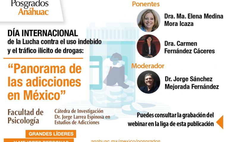 Flyer del webinar Panorama de la s adicciones en México