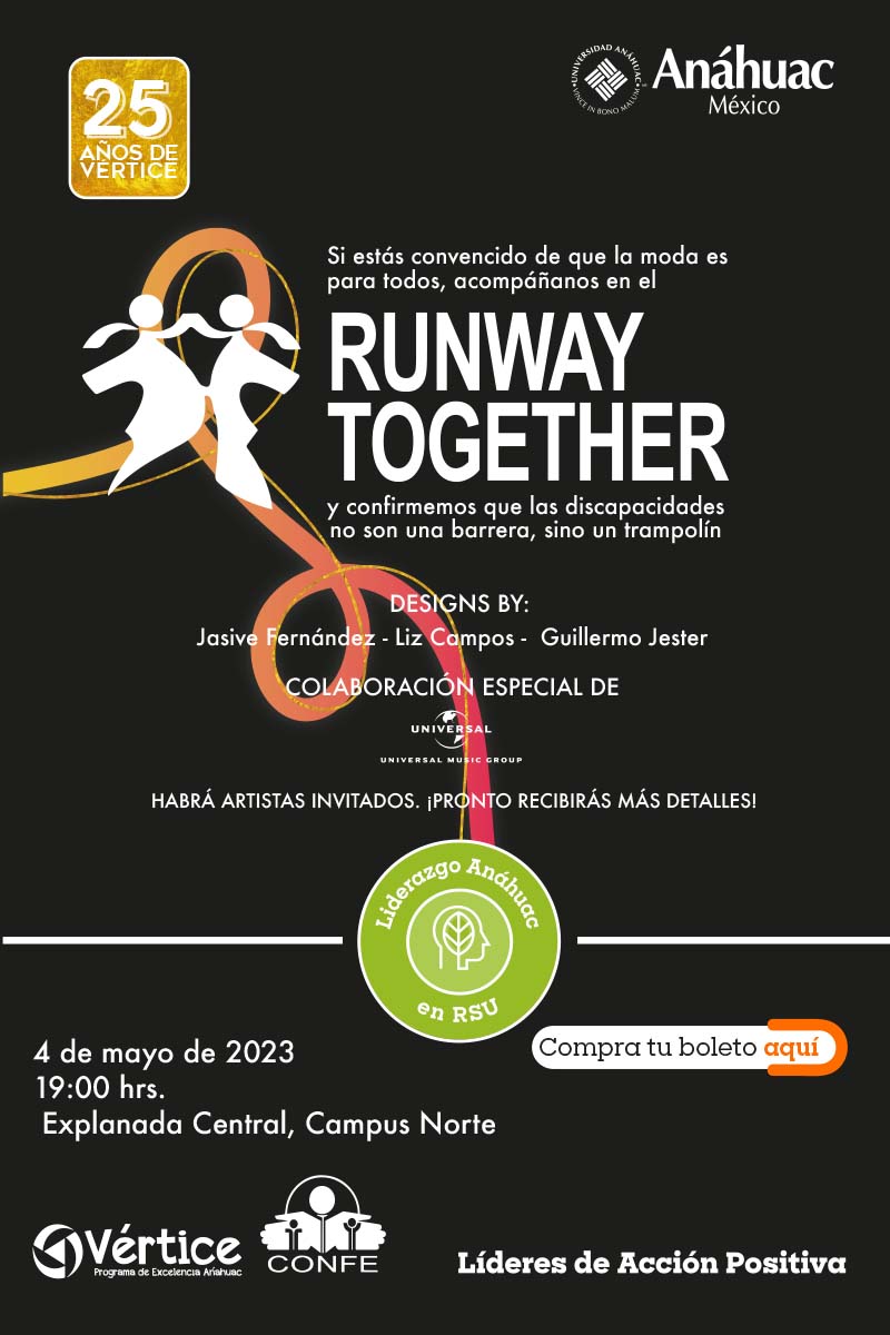 25 años vertice
Si estás convencido de que la moda es para todos, acompáñanos en el Runway Together y confirmemos que las discapacidades no son una barrera, sino un trampolín
Desigs by: Jasive Fernández, Liz Campos, Guillermo Jester.

Colaboración especial de Universal Music Group

Habrá Artistas invitados ¡pronto recibirás más detalles!

Liderazgo Anáhuac en RSU

4 de mayo de 2023
19:00 hrs.
Explanada central, campus norte

Compra tus boletos aquí

Vertice
