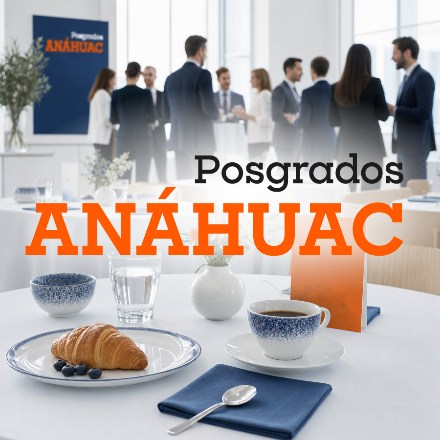 Logo Posgrados Anáhuac con fondo de desayuno ejecutivo y personas de traje platicando.