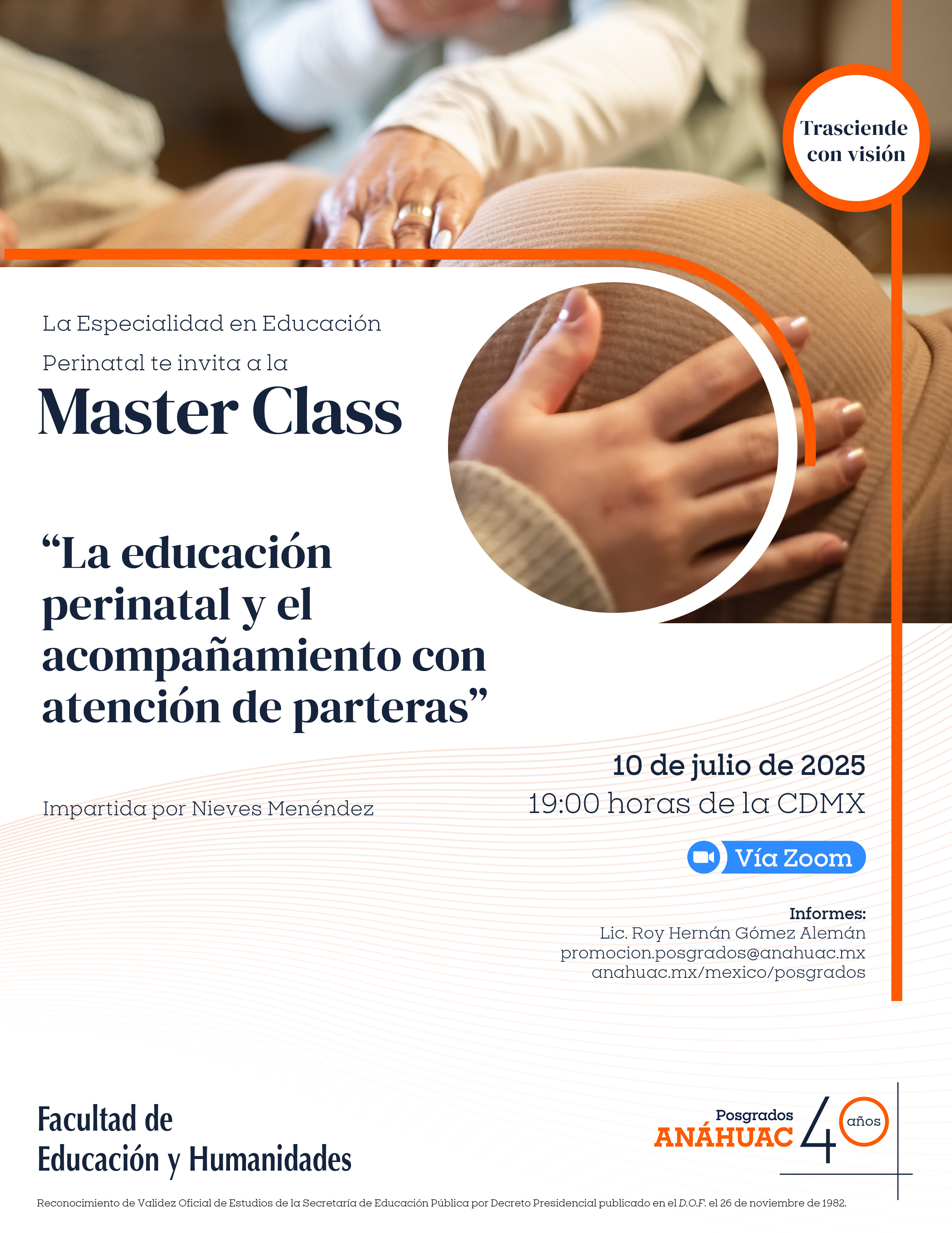 La Especialidad en Educación  Perinatal te invita a la  Master Class "La educación perinatal y el acompañamiento con atención de parteras"
