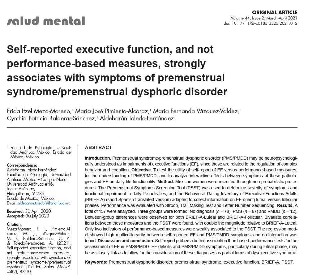 Egresadas de Psicología publican artículo sobre síndrome premenstrual/trastorno disfórico en la revista Salud Mental