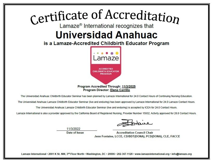 Especialidad en Educación Perinatal recibe acreditación de Lamaze International 