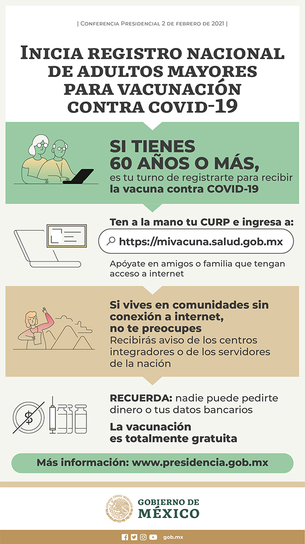 Inicia registro de adultos mayores para vacuna contra COVID-19