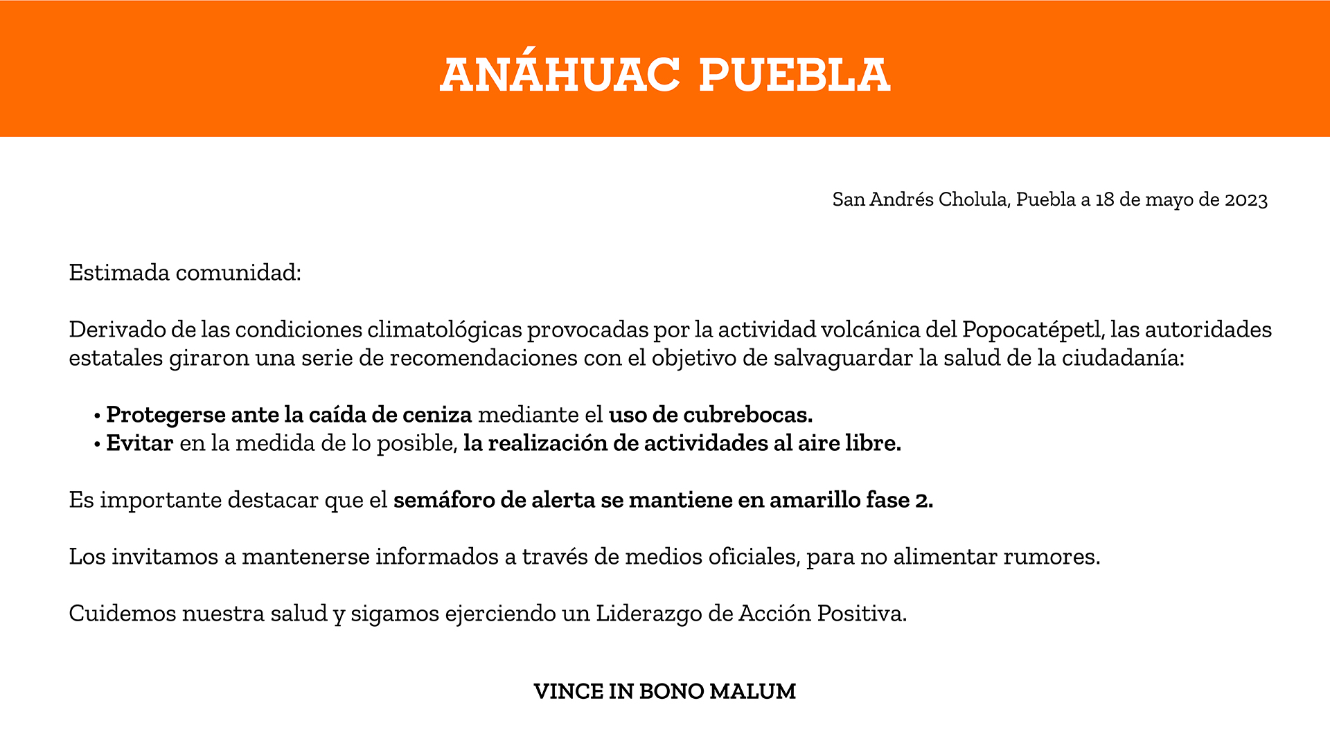 Recomendaciones generales por la actividad volcánica del Popocatépetl
