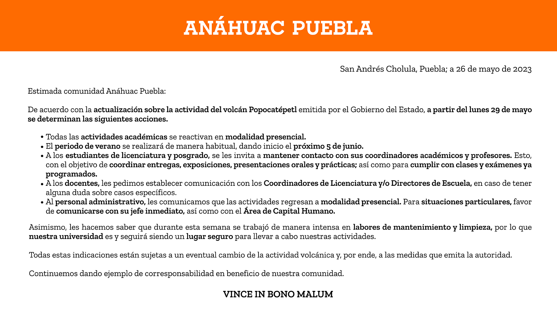Comunicado regreso a actividades presenciales