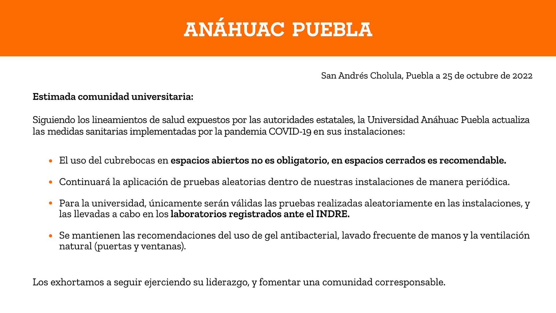 Medidas sanitarias en la universidad