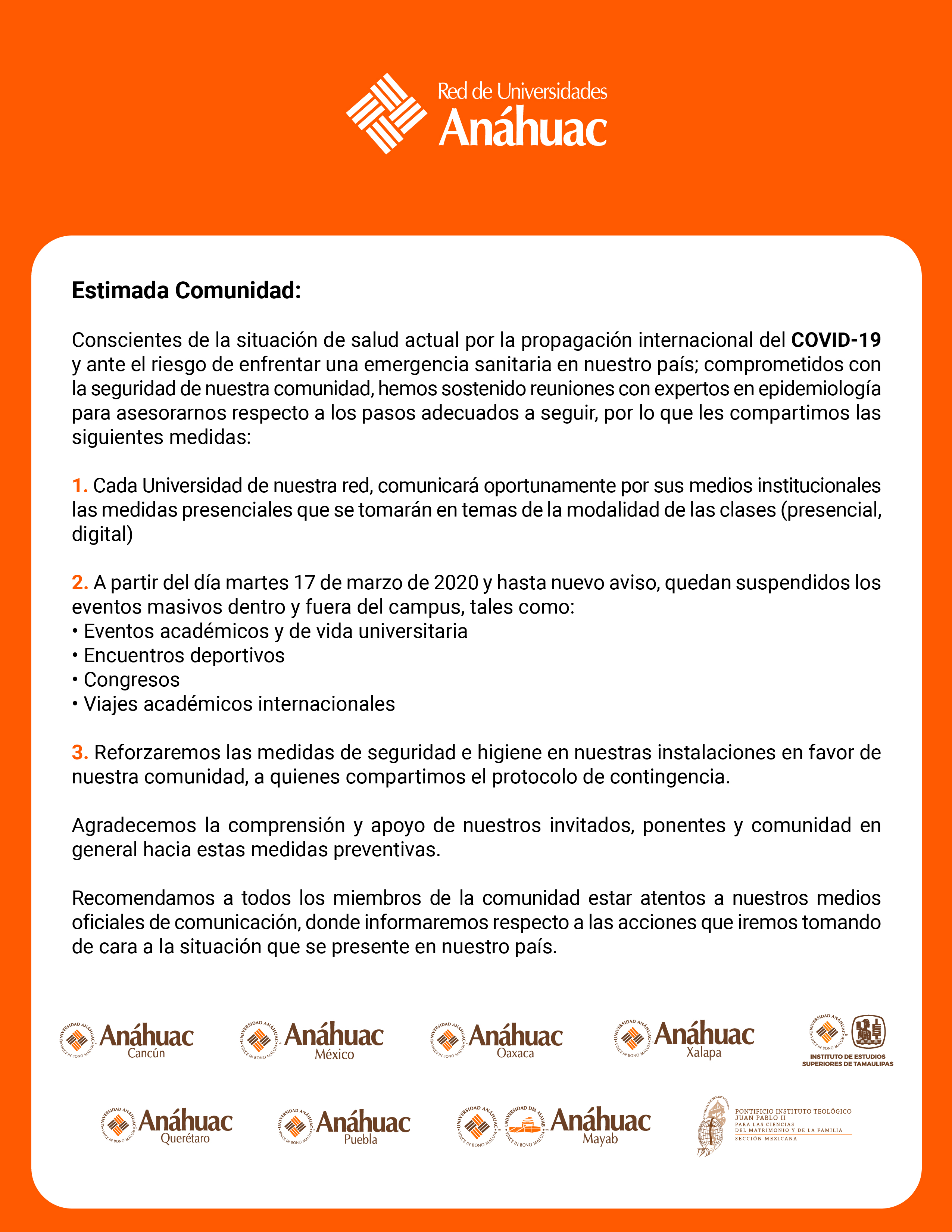 Aviso importante a nuestra comunidad: COVID-19
