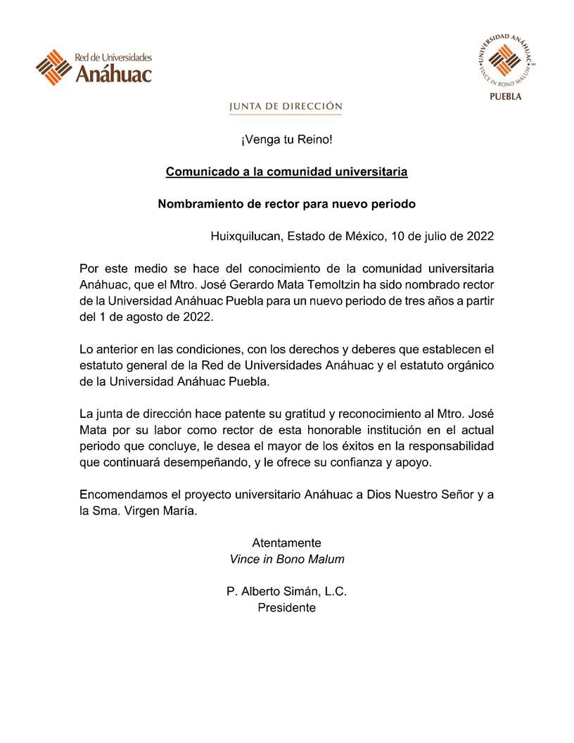 José Mata Temoltzin liderará a la Anáhuac Puebla por un quinto periodo de tres años (Agosto 2022 – julio 2025)
