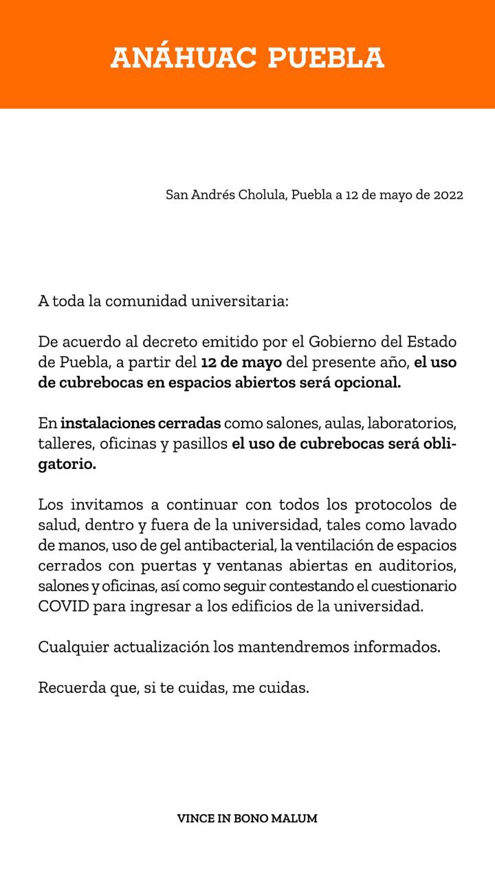 Medidas del uso del cubrebocas en la universidad