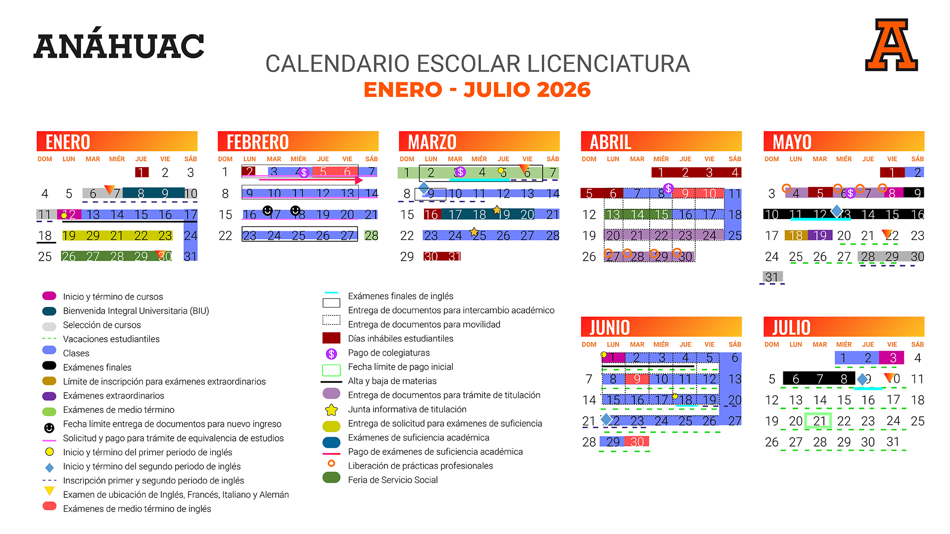 CALENDARIO ESCOLAR LICENCIATURA ENERO A JULIO 2026