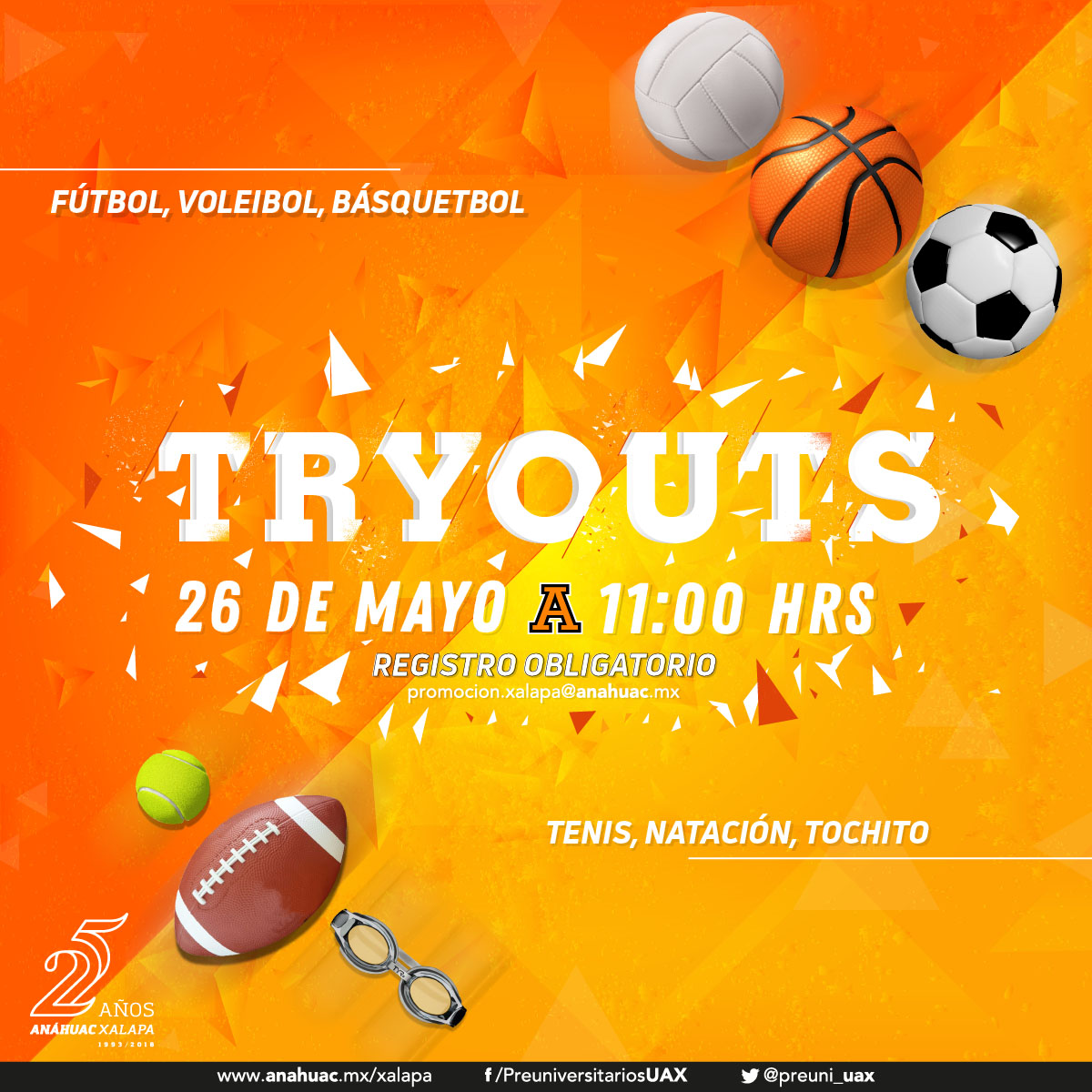 Tryouts para Fútbol, Voleibol, Básquetbol, Tenis, Natación y Tochito