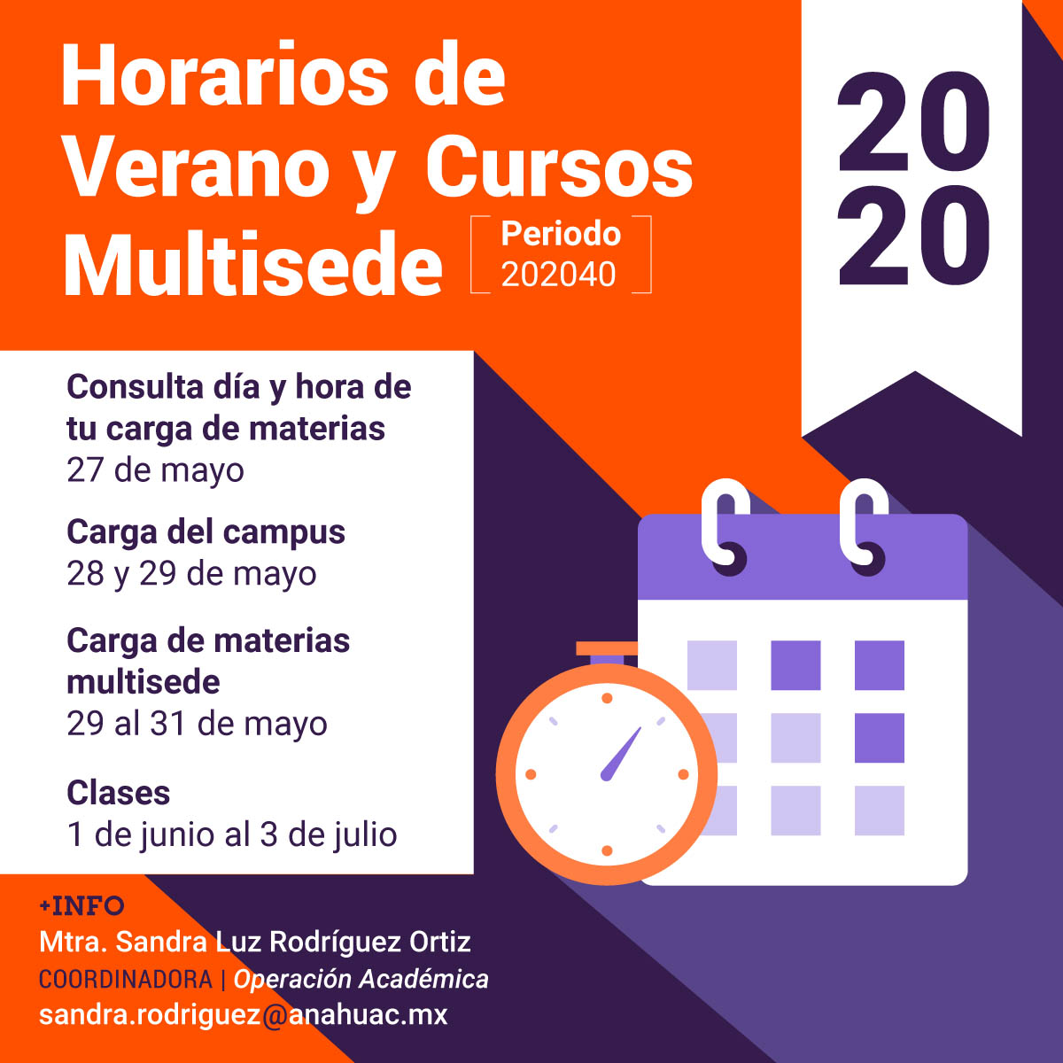 Horarios de Verano y Cursos Multisede 2020